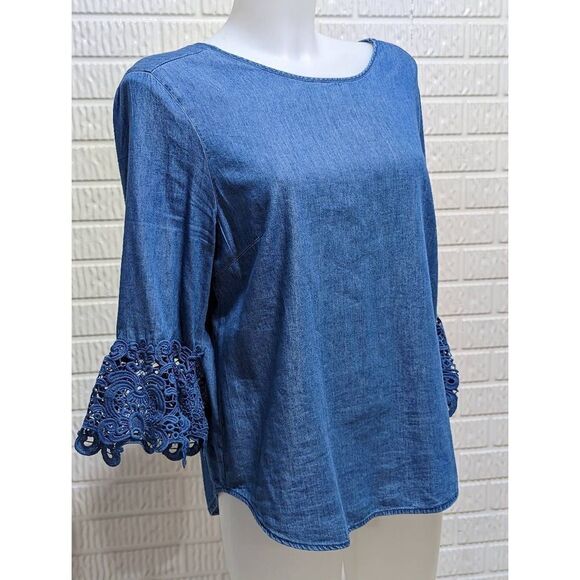 Hester & Orchard Women's Blue 3/4 Lace Sleeve Chambray Blouse Top Size Small - Picture 1 of 6
